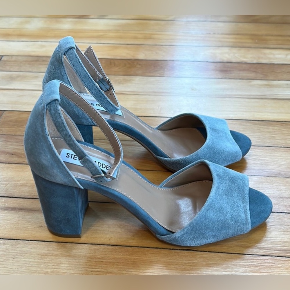 Steve Madden Mirna Block Heels Blue Suede Colorblock Ankle Strap Sandal Heel